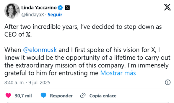 Tras turbulenta gestión de Elon Musk, renuncia CEO de X